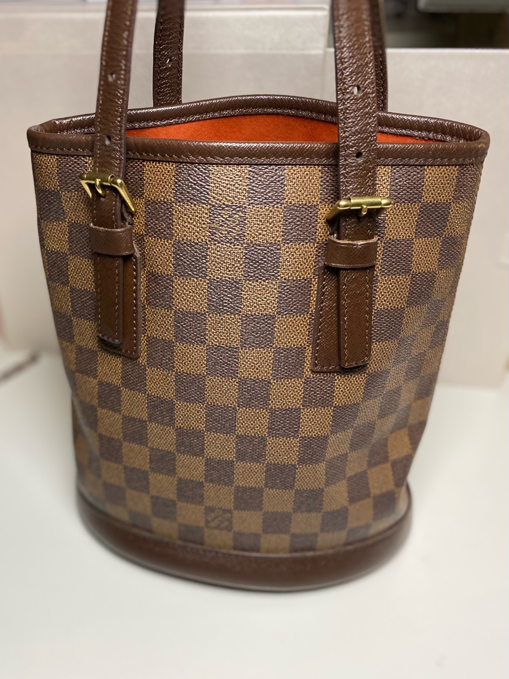 Louis Vuitton Damier Small Bucket Bag Brown Checkered Tote With Orange Interior